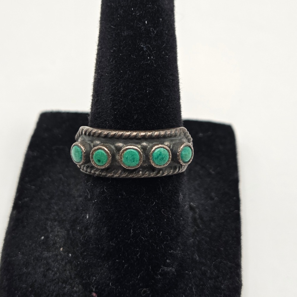 Sterling Silver Turquoise 5 Stone Row Ring Size 5.5 Rope Border Southwestern